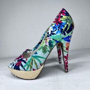 - Apt 9 blue floral fabric open toe heels